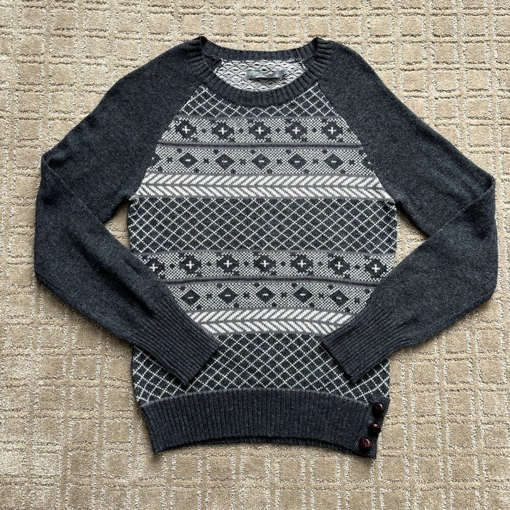 PrAna Ramona Pullover Sweater Women's M (Fits Small) Fair Aisle Wool Blend Gray